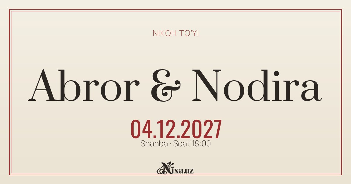 Matbaa — to‘y taklifnomasi shabloni (Abror & Nodira)