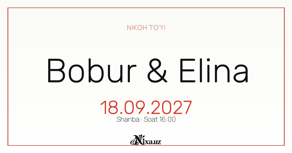 Minimal Swiss — to‘y taklifnomasi shabloni (Bobur & Elina)