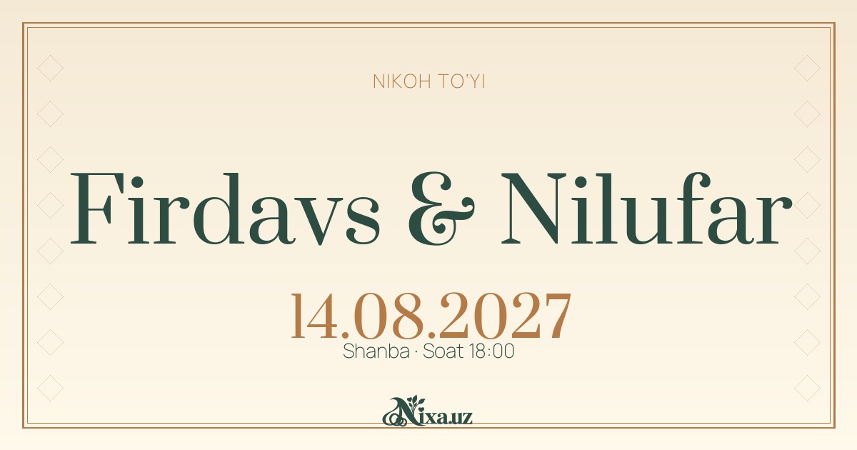 Dasturxon joylashuvi — to‘y taklifnomasi shabloni (Firdavs & Nilufar)