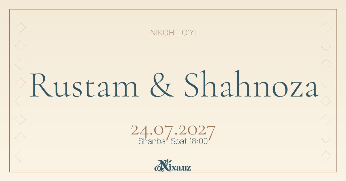 Shohimardon yo‘li — to‘y taklifnomasi shabloni (Rustam & Shahnoza)
