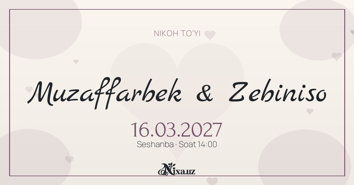 Bordo gul yog‘dusi — to‘y taklifnomasi shabloni (Muzaffarbek & Zebiniso)