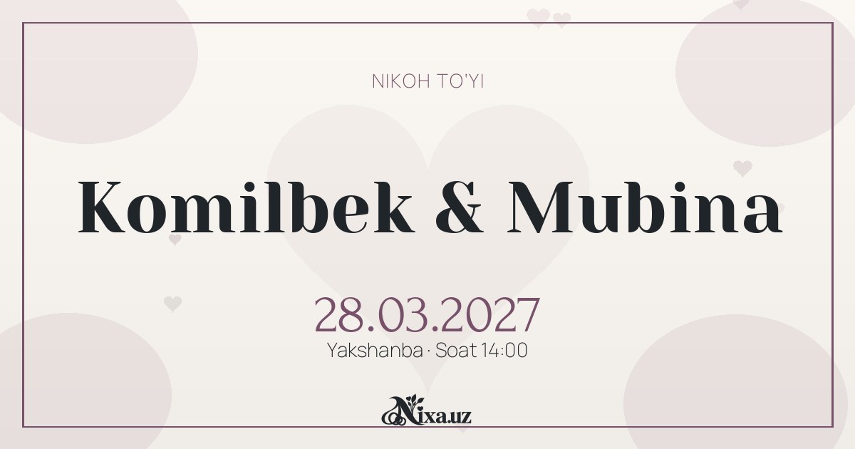 Lavanda maktubi — to‘y taklifnomasi shabloni (Komilbek & Mubina)
