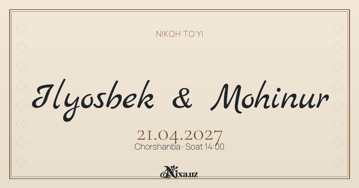 Uch arka nafasi — to‘y taklifnomasi shabloni (Ilyosbek & Mohinur)