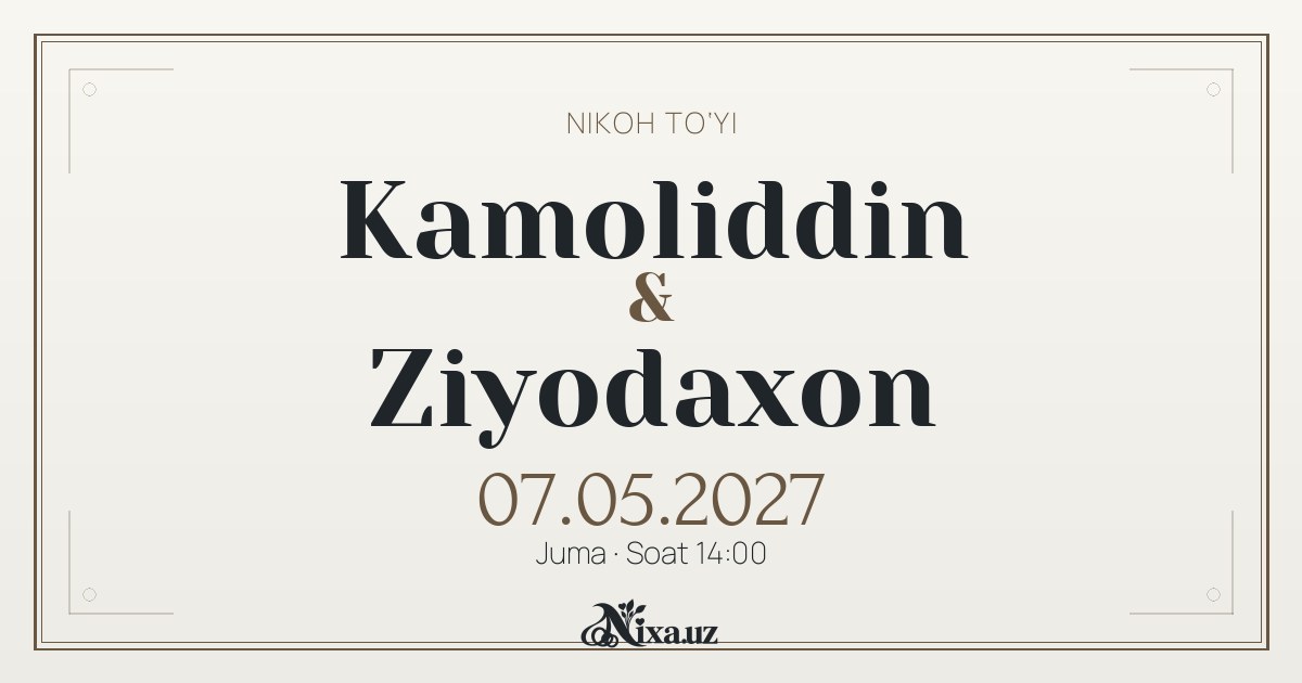 Pushti marmar zarhi — to‘y taklifnomasi shabloni (Kamoliddin & Ziyodaxon)