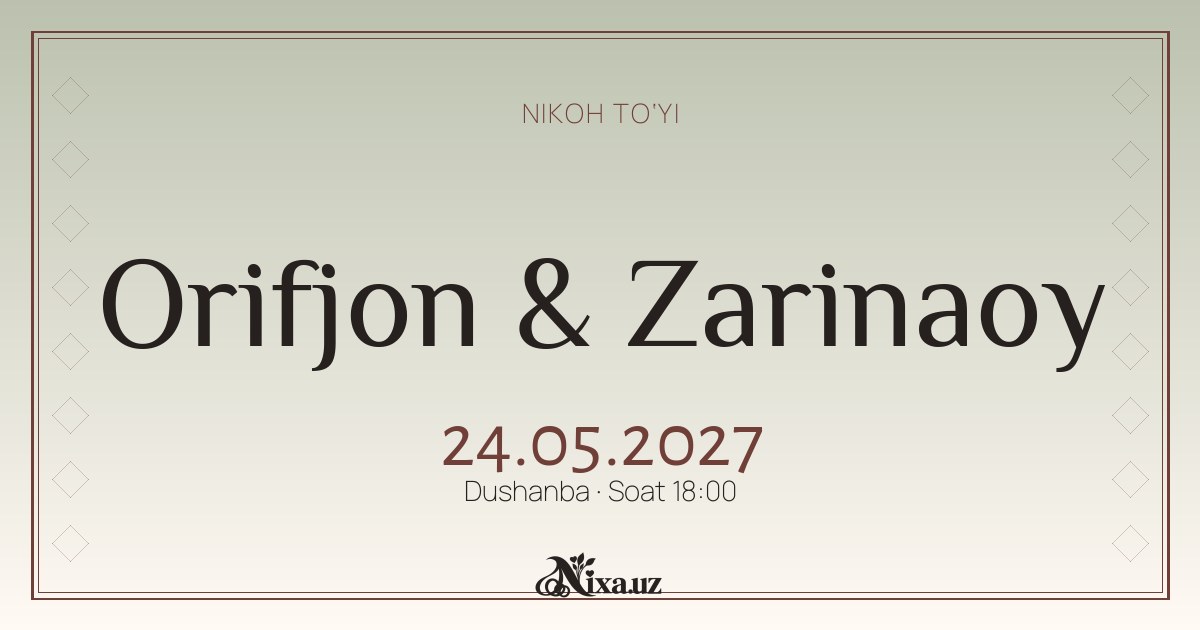 Shalfey kashtasi — to‘y taklifnomasi shabloni (Orifjon & Zarinaoy)