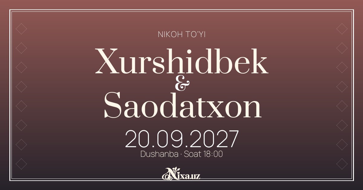 Suzani hoshiyasi — to‘y taklifnomasi shabloni (Xurshidbek & Saodatxon)