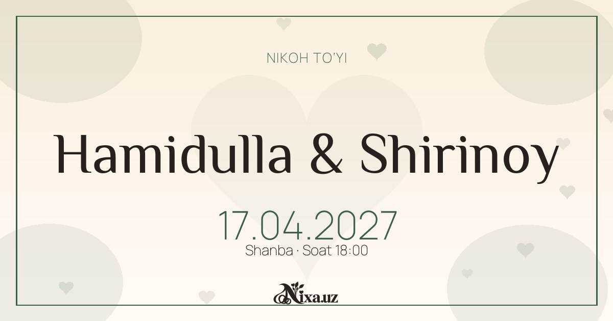 Zaytun soyasi — to‘y taklifnomasi shabloni (Hamidulla & Shirinoy)
