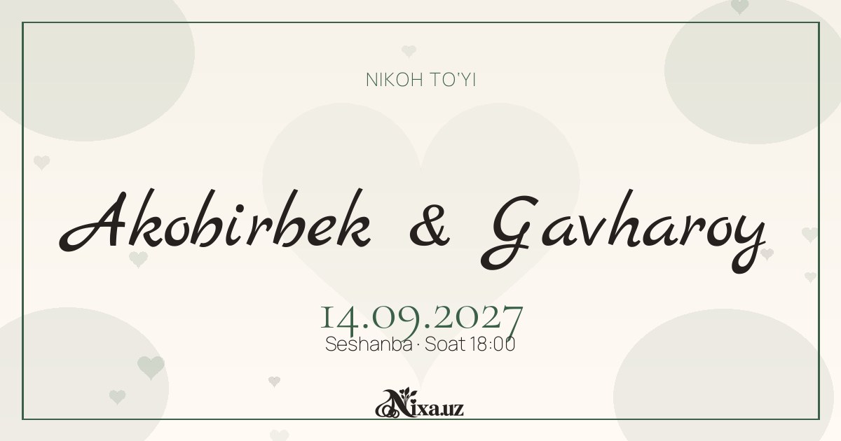 Zaytun shoxlari — to‘y taklifnomasi shabloni (Akobirbek & Gavharoy)