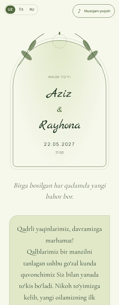 Bahoriy — to‘y taklifnomasi shabloni (Aziz & Rayhona)