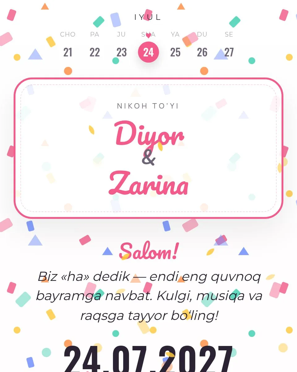 Diyor & Zarina — Конфетти шаблон свадебного приглашения