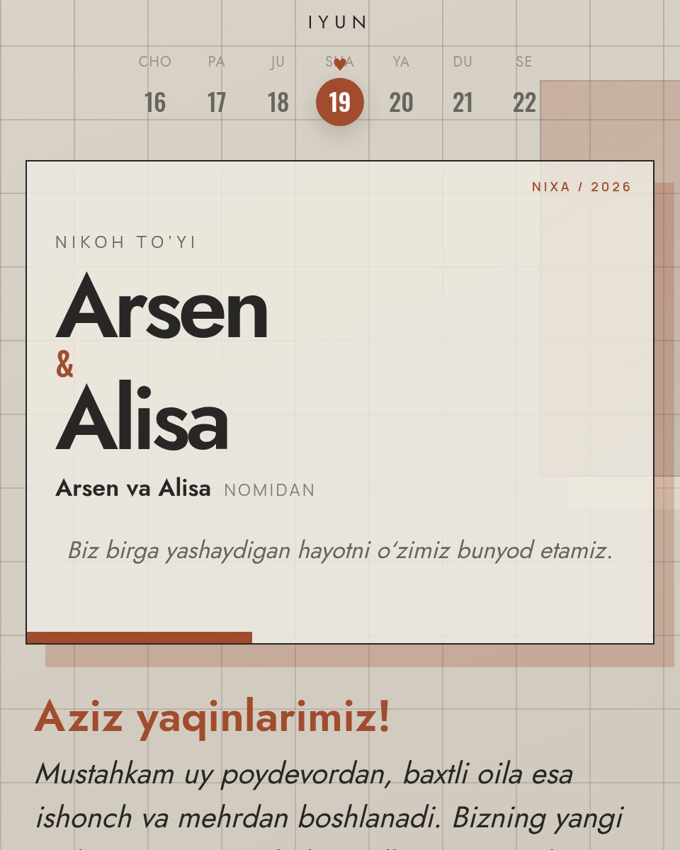 Me’mor — to‘y taklifnomasi shabloni (Arsen & Alisa)