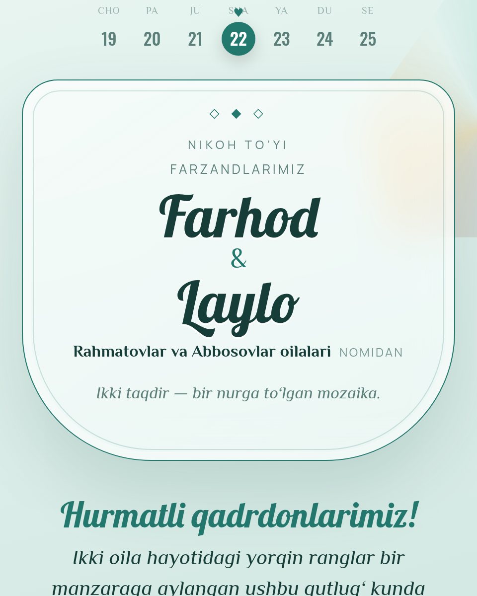 Mozaika — to‘y taklifnomasi shabloni (Farhod & Laylo)
