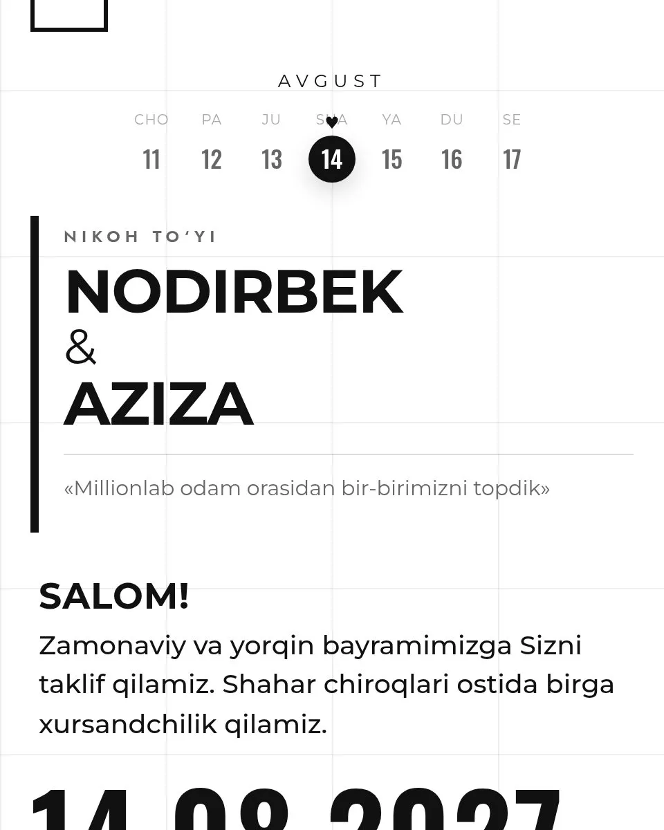 Nodirbek & Aziza — Город шаблон свадебного приглашения