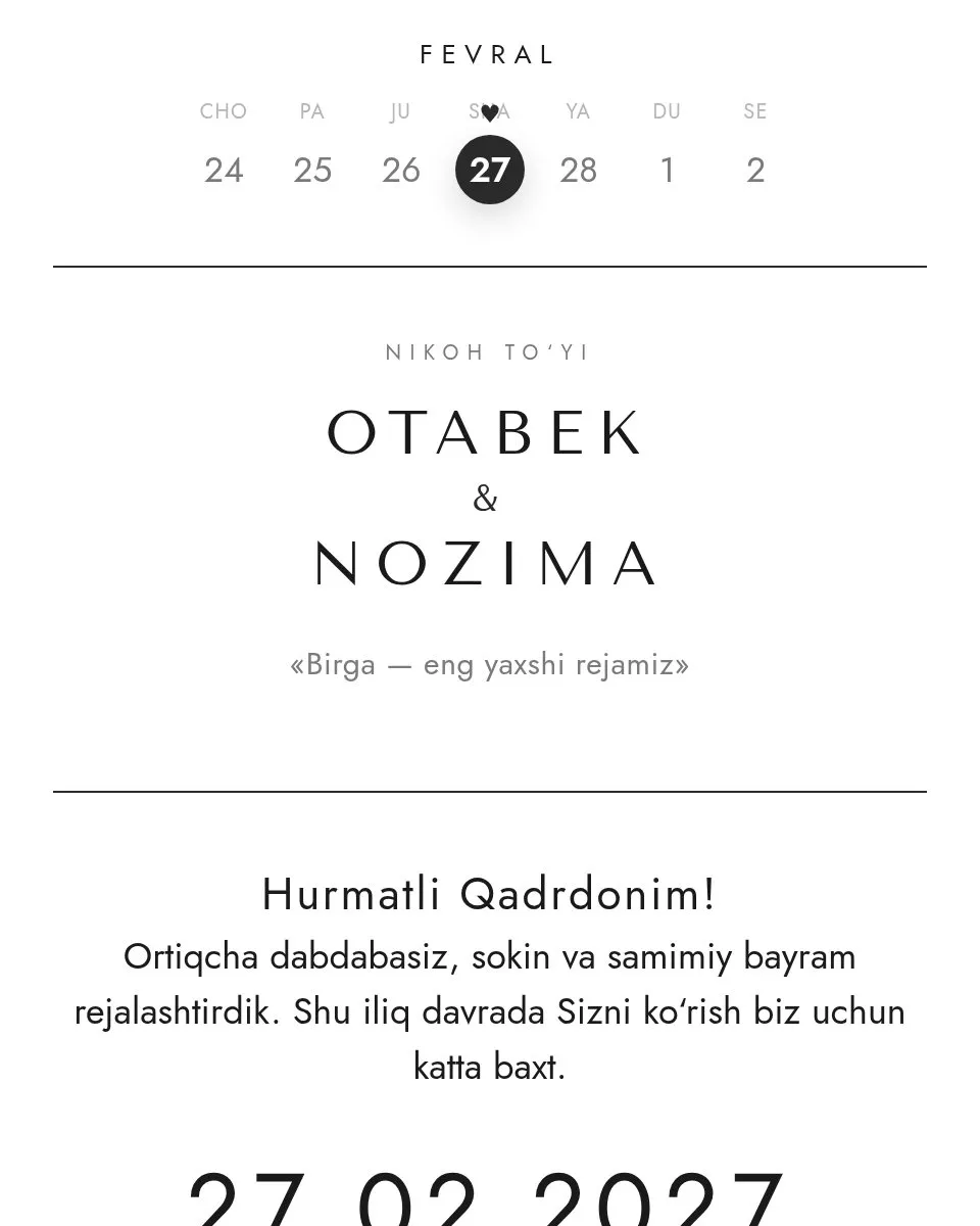 Otabek & Nozima — Тишина шаблон свадебного приглашения