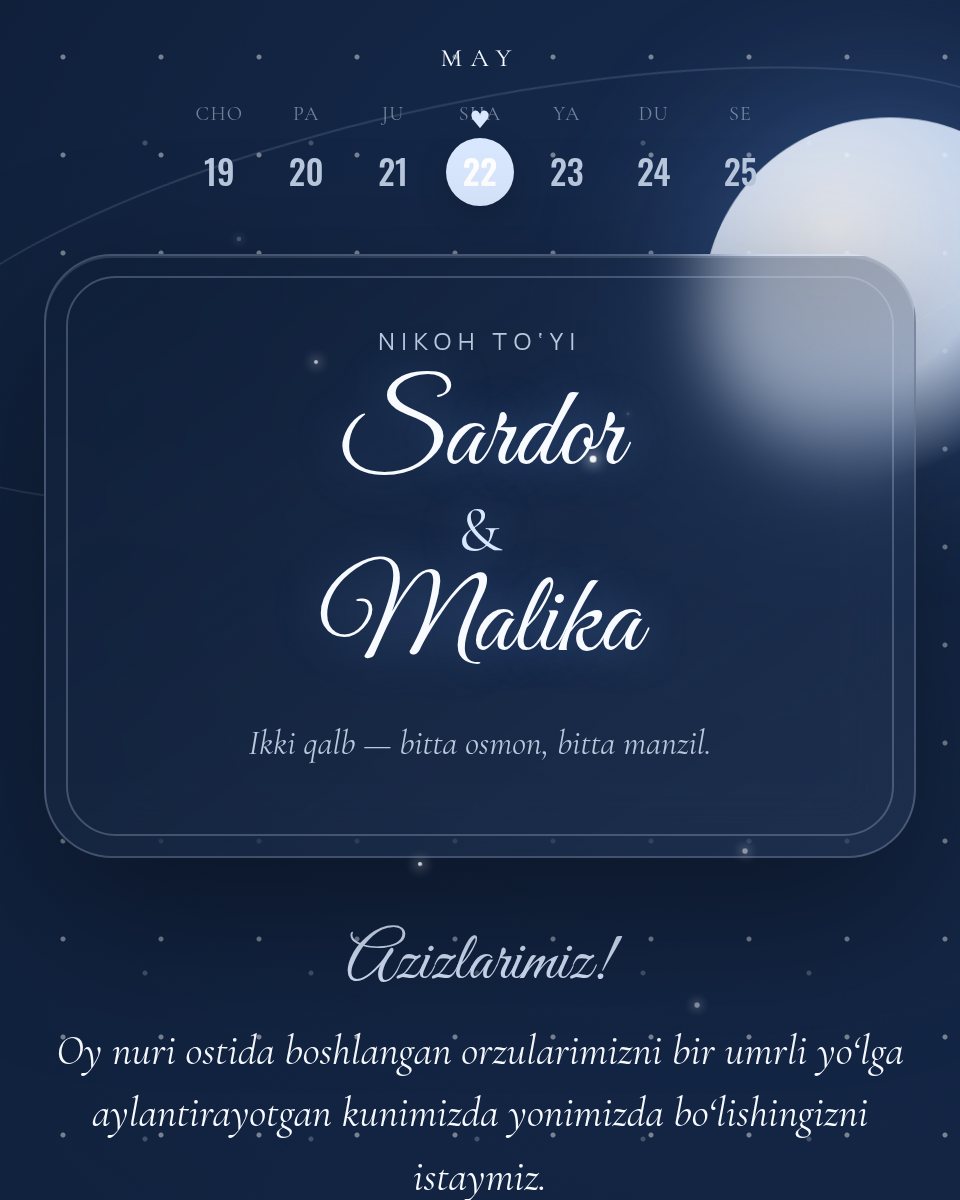 Oynur — to‘y taklifnomasi shabloni (Sardor & Malika)