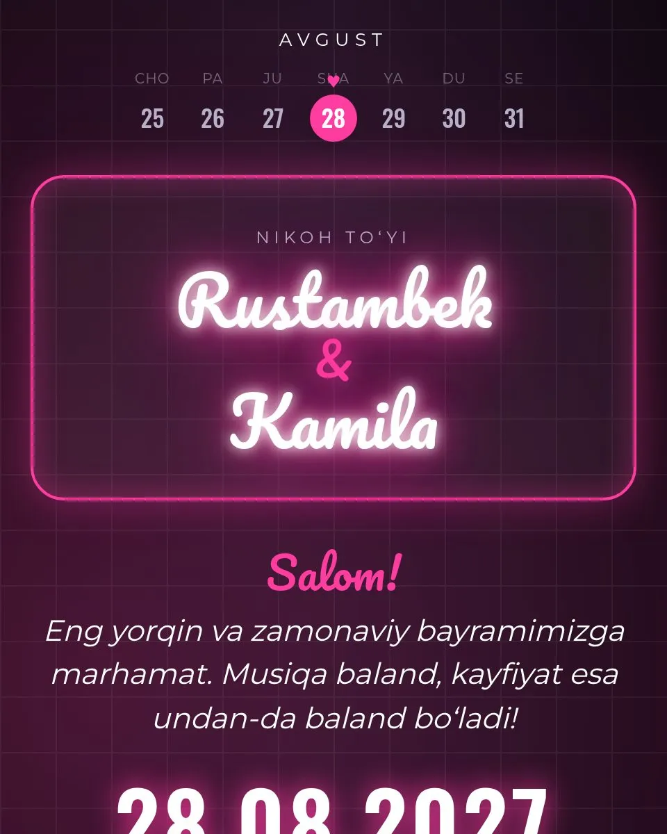 Rustambek & Kamila — Неон шаблон свадебного приглашения