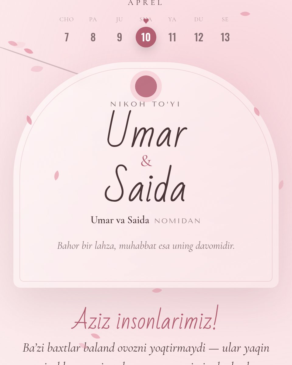 Sakura — to‘y taklifnomasi shabloni (Umar & Saida)