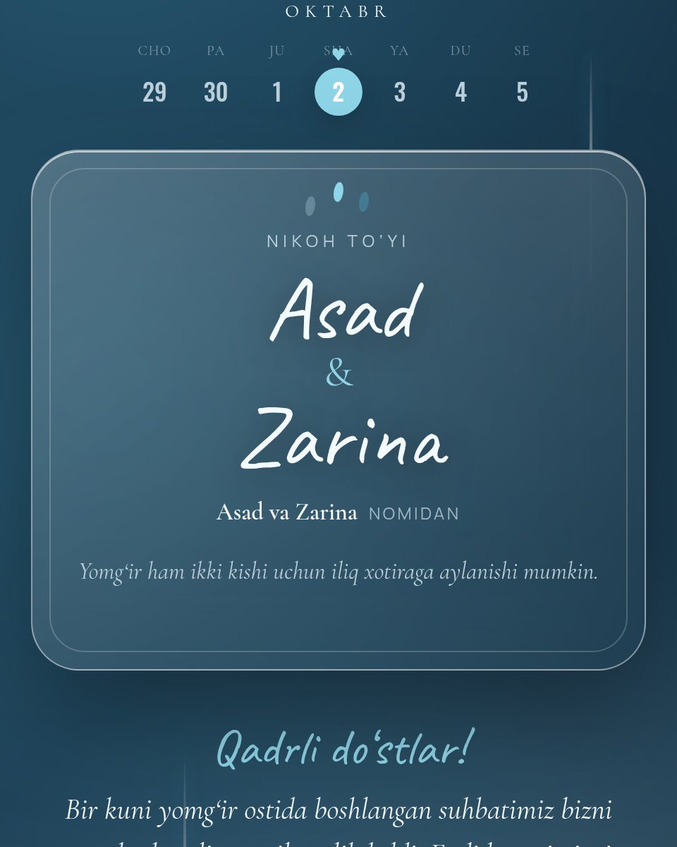 Yomg‘ir — to‘y taklifnomasi shabloni (Asad & Zarina)