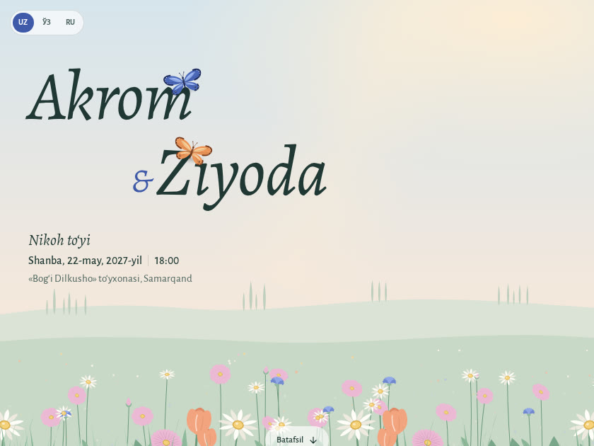Kapalaklar bog‘i — elektron to‘y taklifnomasi shabloni