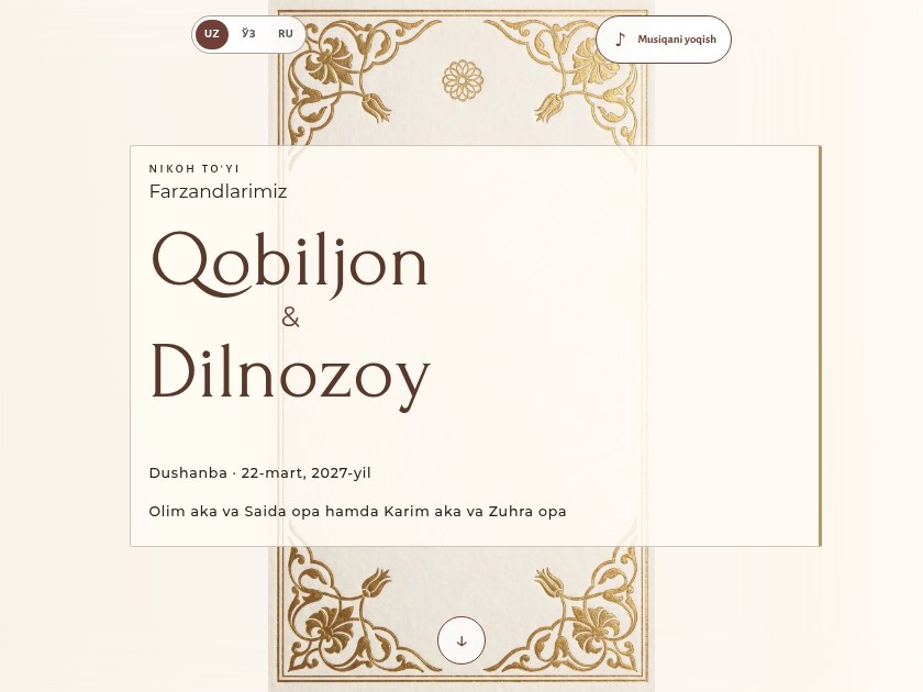 Islimiy burchak — elektron to‘y taklifnomasi shabloni