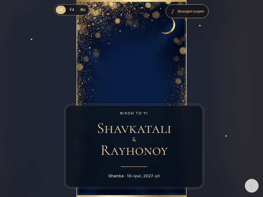 Moviy uchqun — elektron to‘y taklifnomasi shabloni